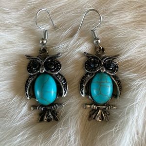 Pierced Silver and Faux Turquoise Hoot Owl Earrings